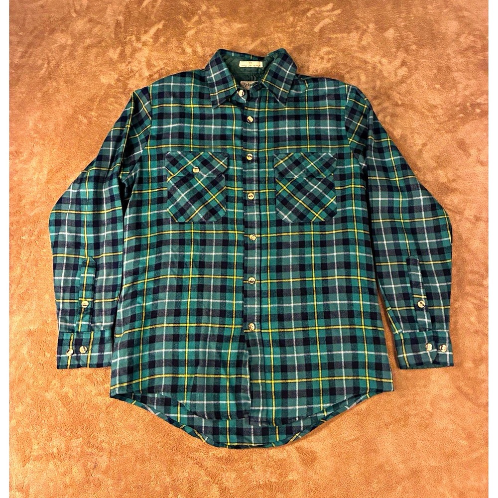 VTG St. John's Bay Mens Shirt Med Green Blue Plaid Flannel Button-Up Shacket 90s